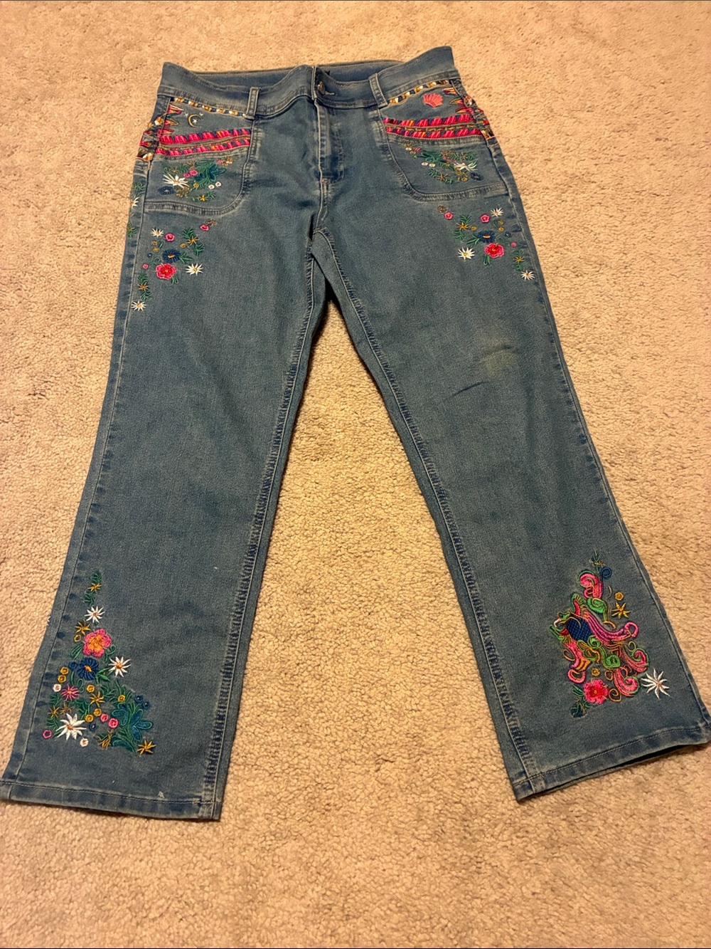 Embroidered Wide-Leg Blue Denim Jeans